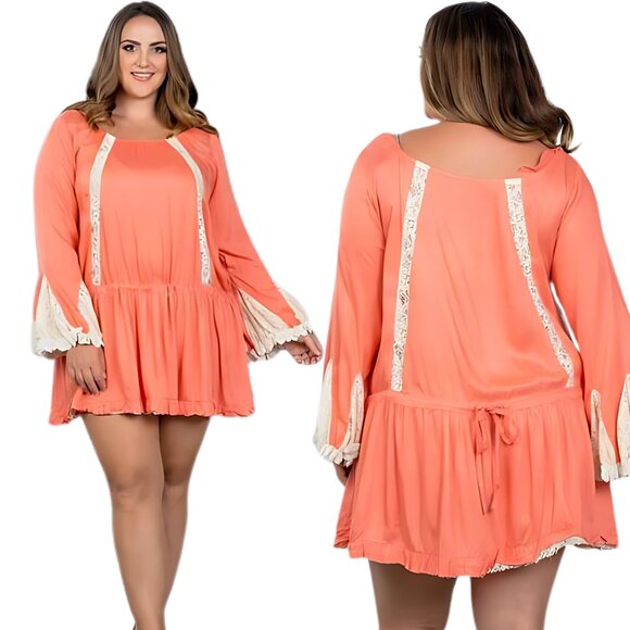 PLUS Size 2X Coral Pink Boho Style Lace Hem Bell Sleeve Tunic Top Dress NWT NEW - Picture 2 of 3